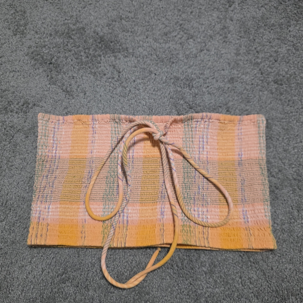Universal Thread Smocked Strapless Tube Top in Peach & Yellow Plaid Large